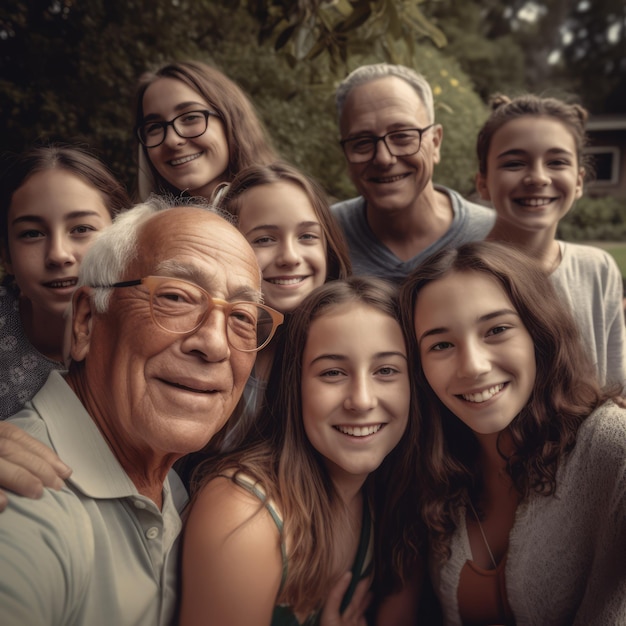 Retrato de una familia caucásica feliz abrazándose en un parque creado con tecnología de IA generativa