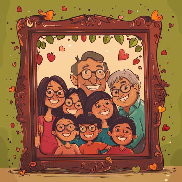 retrato de familia de dibujos animados con un marco de imagen y corazones generativo ai