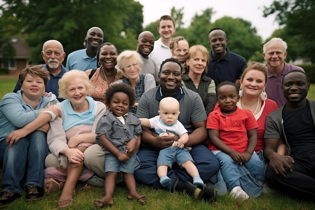 Foto retrato de una familia extensa sonriendo en el parque