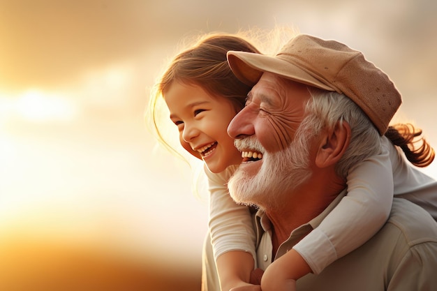 Retrato de familia feliz abuelo y nieta