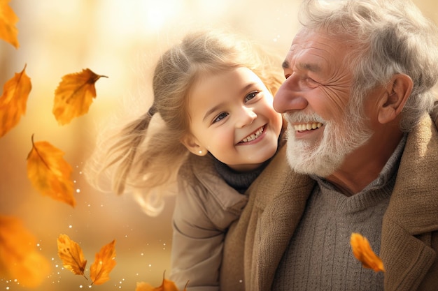 Retrato de familia feliz abuelo y nieta