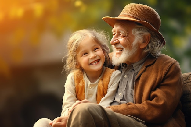 Retrato de familia feliz abuelo y nieta