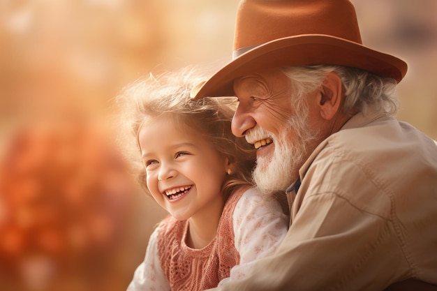 Retrato de familia feliz abuelo y nieta