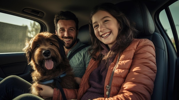 Retrato de una familia feliz en el coche con su perro