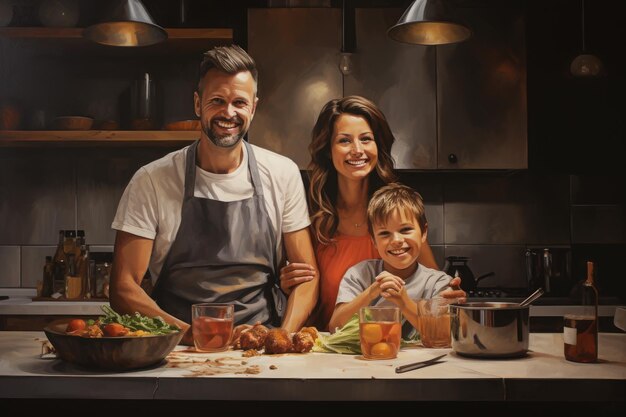 Retrato de una familia feliz cocinando juntos en la cocina en casa Retrato de una familia feliz en la cocina en casa Generado por IA