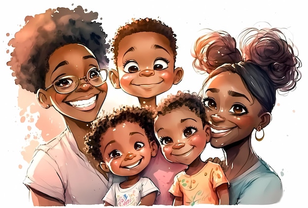 Retrato de una familia feliz de dibujos animados Abuela con su hija y tres hijos Generativo ai