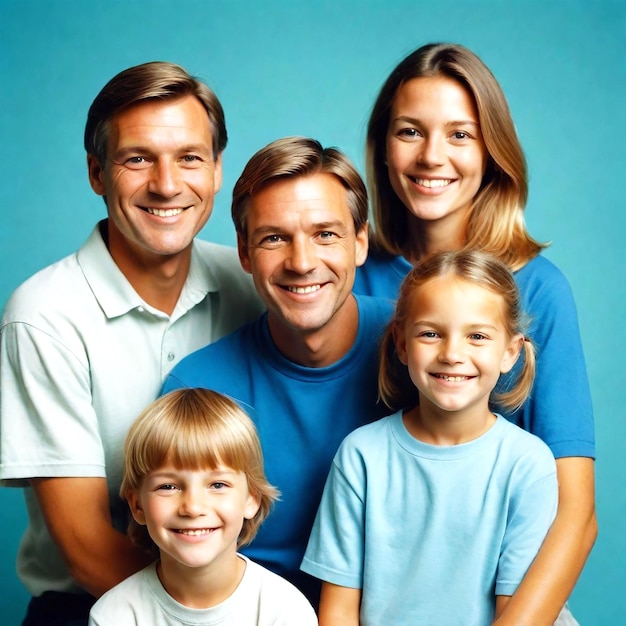Retrato de una familia feliz con hijos en fondo en blanco