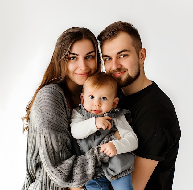 Foto retrato de una familia feliz con un niño sobre un fondo blanco