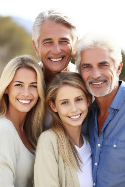 Retrato de una familia feliz de pie juntos afuera creado con ai generativa