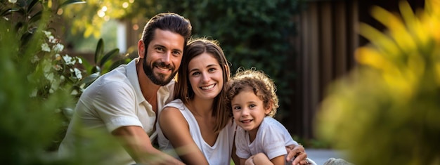 Foto retrato de una familia feliz en su propio patio trasero