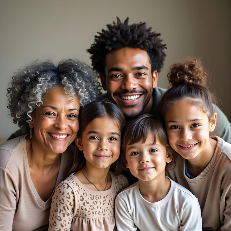 Retrato de una familia feliz de varias generaciones con caras sonrientes