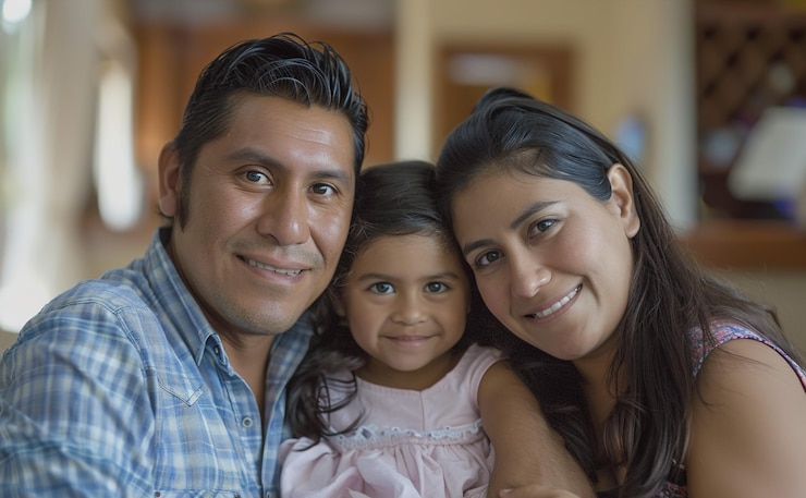 Foto retrato de una familia hispana mirando a la cámara con ingenio