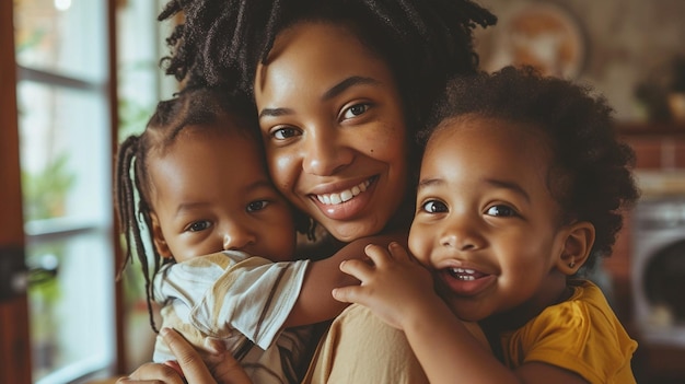 Foto retrato de familia mujer afroamericana con hijos sonriendo en una atmósfera hogareña fotorealismo