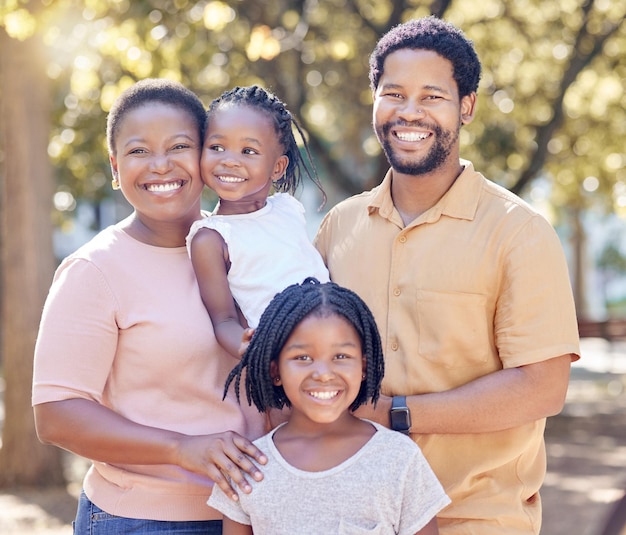 Retrato de una familia negra feliz en la naturaleza en un jardín para un picnic de verano mientras está de vacaciones Amor sonriente y madre y padre africanos con sus hijas en un parque al aire libre en unas vacaciones en el campo