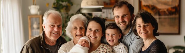 Retrato de familia con el recién nacido en el centro rodeado de orgullosos padres y hermanos
