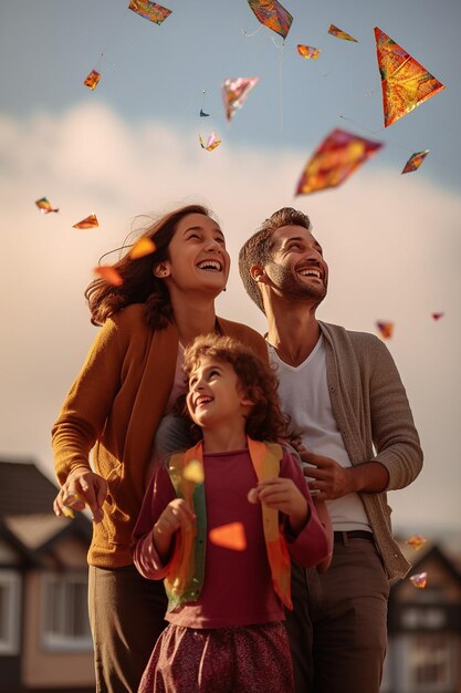 Foto retrato de una familia en trajes festivos volando cometas desde su techo makar sakranti