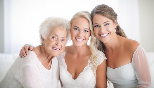 Retrato de familia de tres generaciones femeninas linda chica abrazando fuertemente amada mamá y abuela madre an