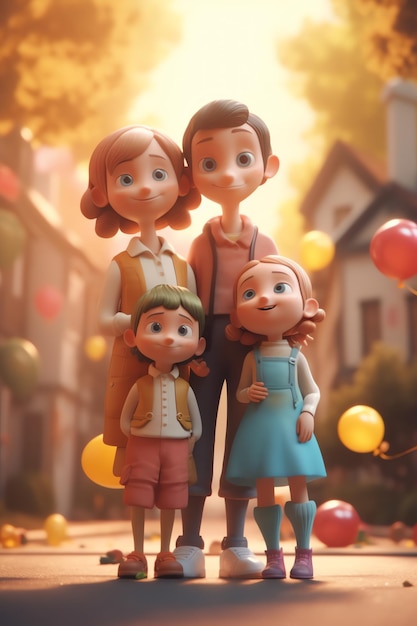 Un retrato familiar de una familia de tres con globos en el fondo.