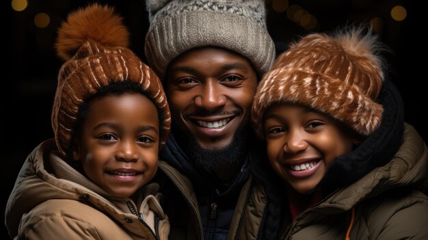 Retrato familiar festivo padre y dos niños en ropa de invierno sonriendo en invierno