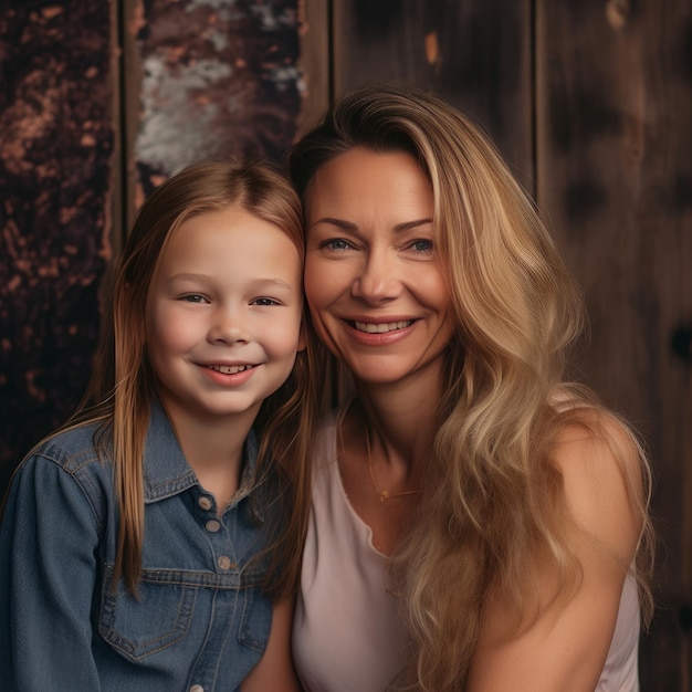 Retrato familiar de madre e hija en el interior