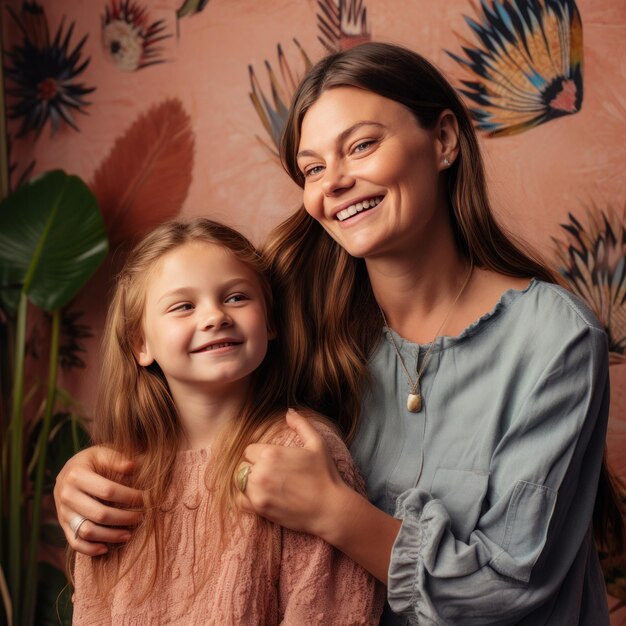 Retrato familiar de madre e hija en el interior