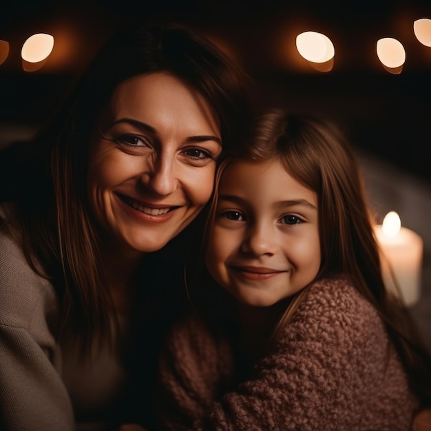 Retrato familiar de madre e hija en el interior