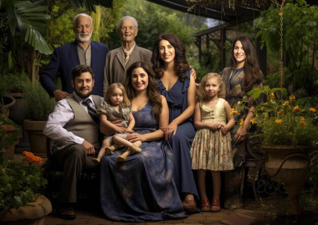 Foto un retrato familiar multigeneracional en un hermoso jardín.