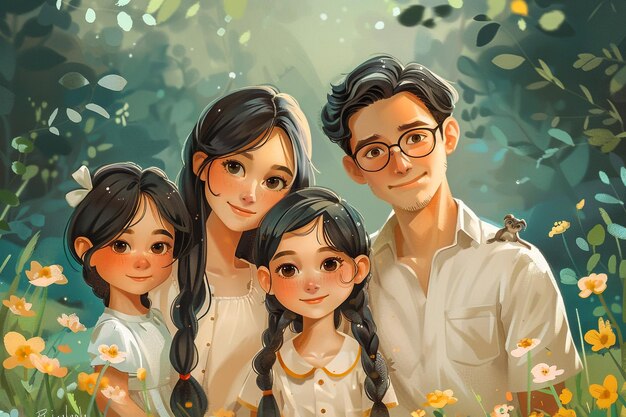 un retrato familiar con una niña y un niño con una flor en el fondo
