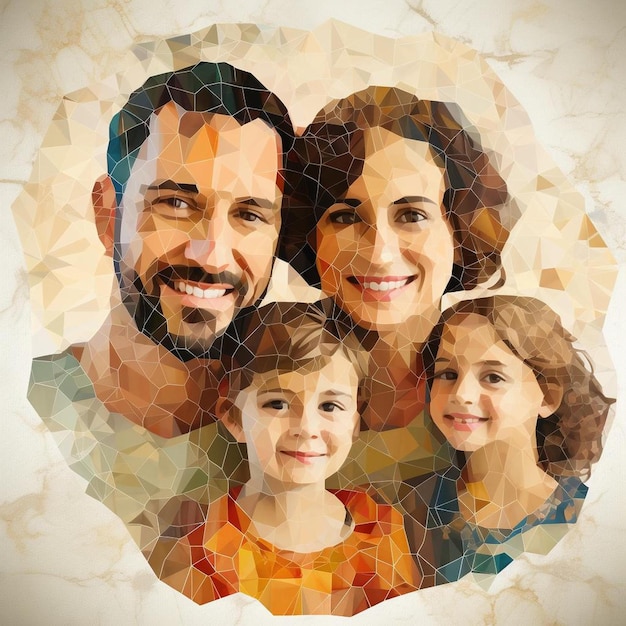 Un retrato familiar con un niño y un colorido mosaico de la familia.