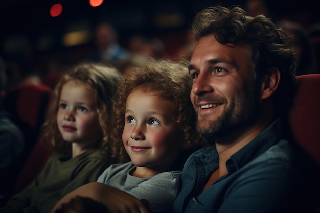 Retrato familiar de niños felices con su padre viendo una película Vista lateral de un padre sonriente con sus hijas en una gran sala de cine