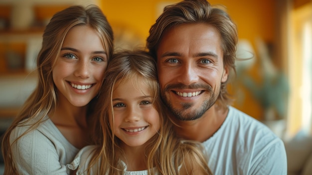 Un retrato familiar que muestra a jóvenes padres felices usando camisetas básicas y llevando a su hija durante un día familiar El concepto de la infancia de los padres aislado en un fondo amarillo