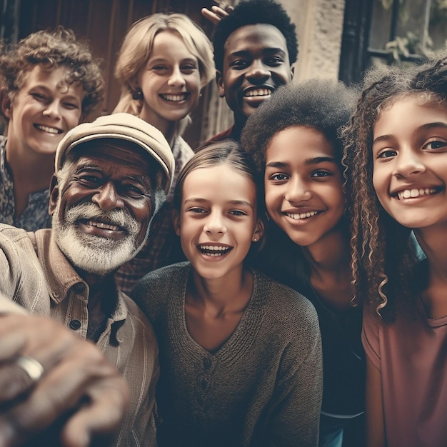 Retrato familiar y selfie de diversidad para apoyar la seguridad y el tiempo con amor y cuidado en vacaciones