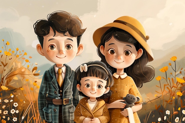 un retrato familiar de tres niños y un conejo