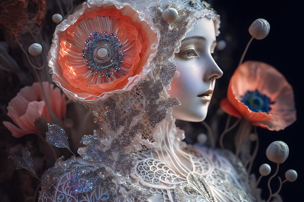 Foto un retrato de fantasía de la antigua diosa romana venus con amapolas rojas arte generado por redes neuronales