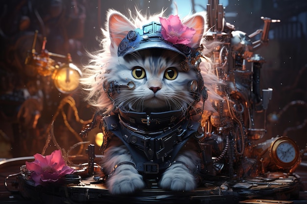 Retrato de fantasía de un gato en un disfraz de steampunk renderizado en 3D por IA generativa