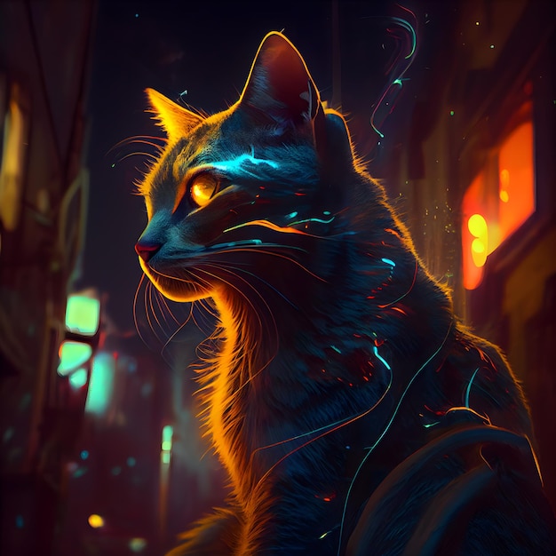 Retrato de fantasía de un gato con luces de neón en el fondo