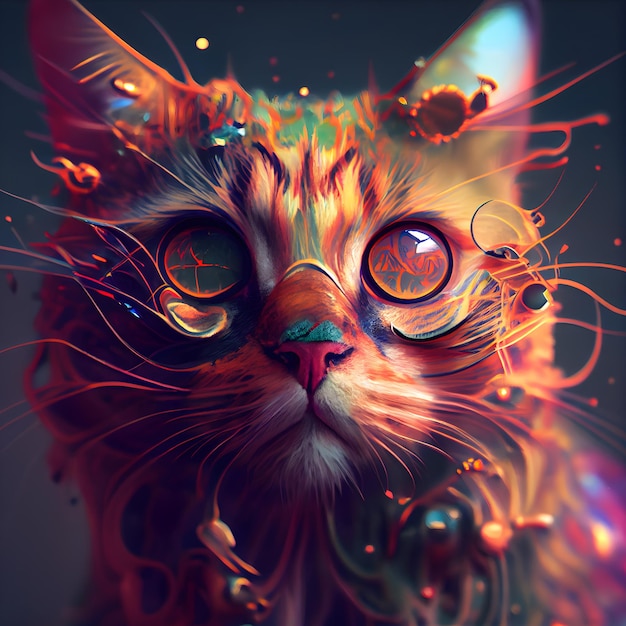Retrato de fantasía de un gato rojo con ojos grandes Ilustración conceptual