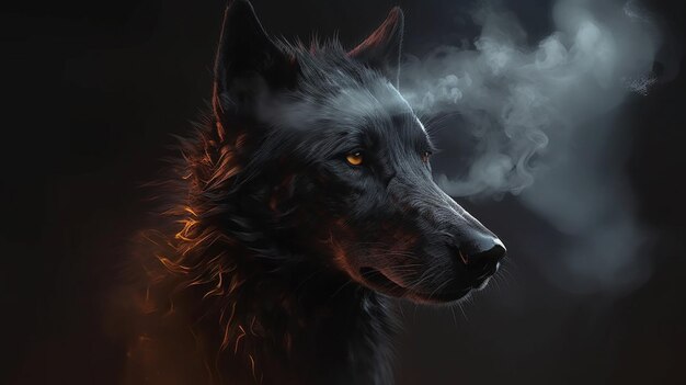 Retrato de fantasía de un lobo en humo sobre un fondo oscuro generativo ai