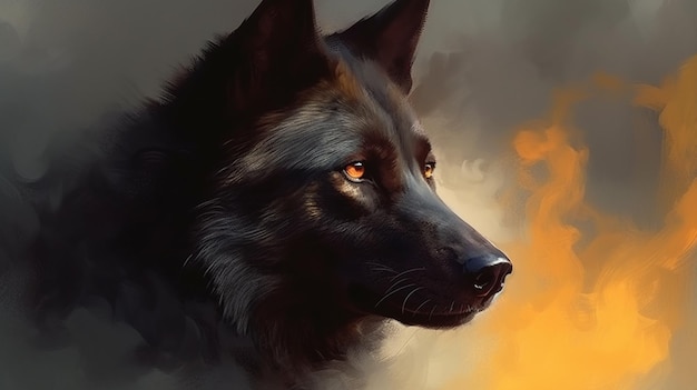 Retrato de fantasía de un lobo en humo sobre un fondo oscuro generativo ai