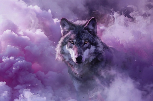 Retrato de fantasía de un lobo sobre un fondo púrpura con nubes