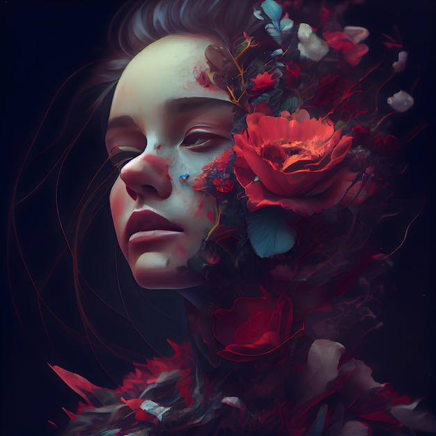 Retrato de fantasía de una mujer hermosa con flores rojas en el pelo