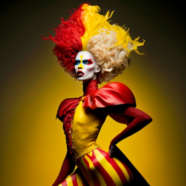 Retrato de fantasía de un personaje extravagante con cabello amarillo y rojo vestido con un traje a rayas en colores a juego y hombreras rojas llamativas