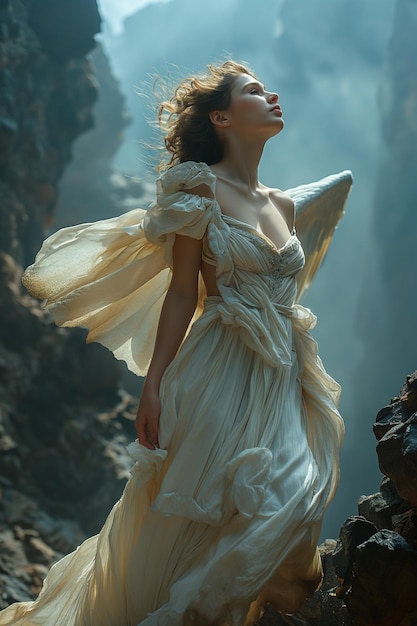 Retrato fantástico de uma jovem mulher anjo com asas no céu
