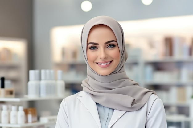 Retrato de una farmacéutica musulmana riendo con hijab contra un fondo de suministros médicos