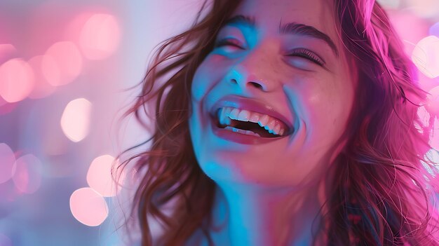 Foto retrato fechado de uma bela garota caucasiana sorrindo em estúdio