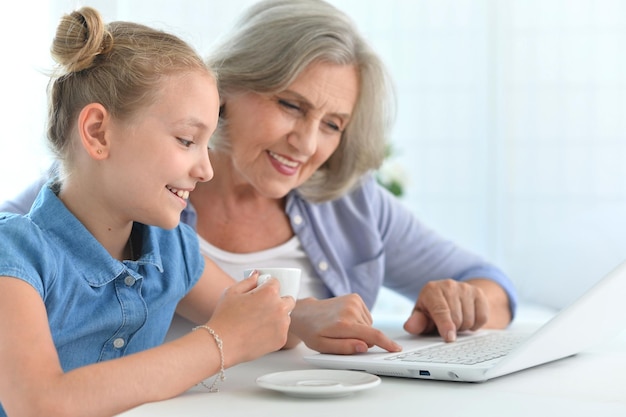 Retrato de feliz abuela e hija usando laptop