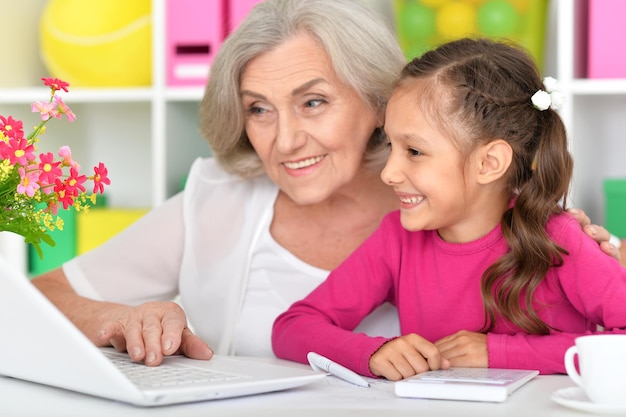 Retrato de feliz abuela y nieta usando laptop juntos