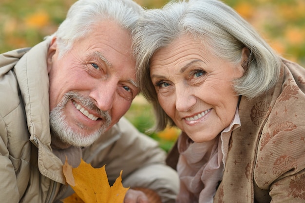 Retrato, de, feliz, cenior, pareja, en, otoño, parque