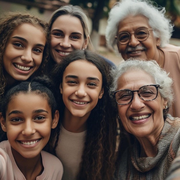 Retrato feliz de família grande e selfie ou sorriso em rostos com filhos, mãe e avós, ligação Homem sênior, mulher e menina, para apoio e tempo de qualidade com amor e cuidado gerados por IA