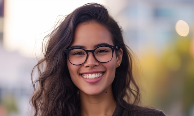 Foto retrato feliz de mulher jovem com óculos em fundo ao ar livre